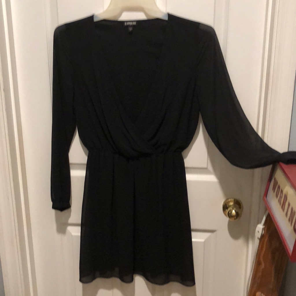 Mini Dress Black Sheer A-Line Crossover V-Neck Small